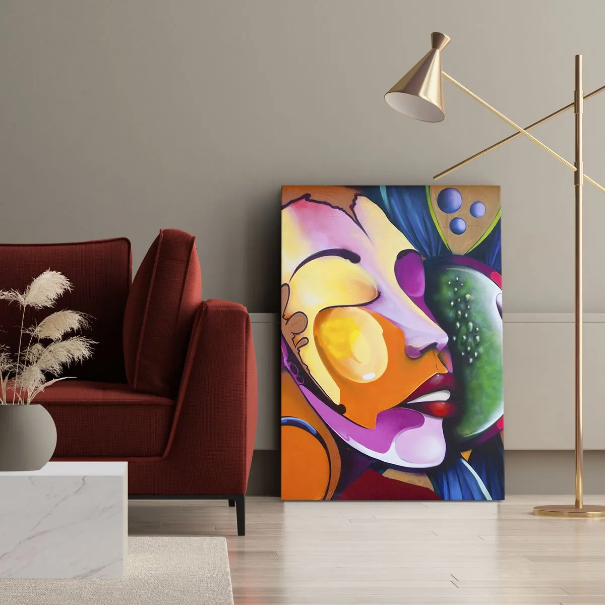 Quadro su tela - Stampe su Tela - Un'astrazione colorata con un motivo facciale in una composizione dinamica - 50x70cm - Toccare con il colore - Decorazione murale moderna per soggiorno e camera da letto ARTTOR
