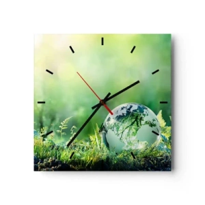 Orologio da parete - Orologio in Vetro - Un globo di cristallo tra il verde della natura - 30x30cm - Pianeta verde - Decorazione murale moderna per soggiorno e camera da letto ARTTOR