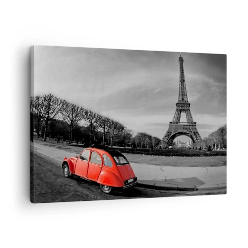 Quadro su tela - Stampe su Tela - Un'auto rossa con la Torre Eiffel sullo sfondo in un paesaggio in bianco e nero - 70x50cm - Più parigine di Parigi - Decorazione murale moderna per soggiorno e camera da letto ARTTOR