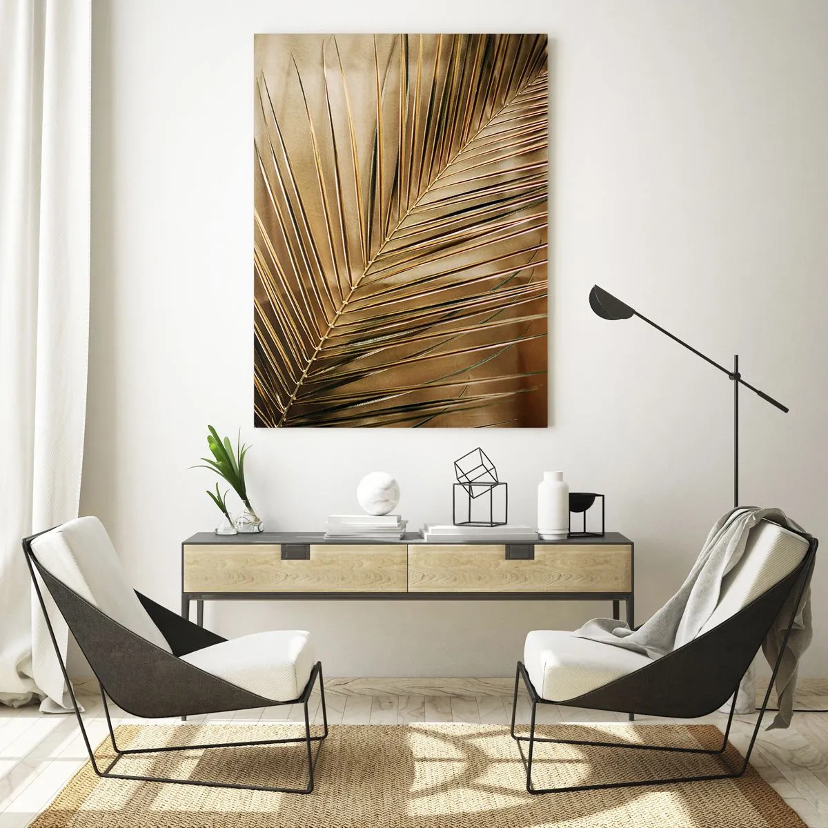 Quadro su vetro - Foglia di palma dorata su sfondo solido - 80x120cm - Colonnato naturale - Decorazione murale moderna per soggiorno e camera da letto ARTTOR