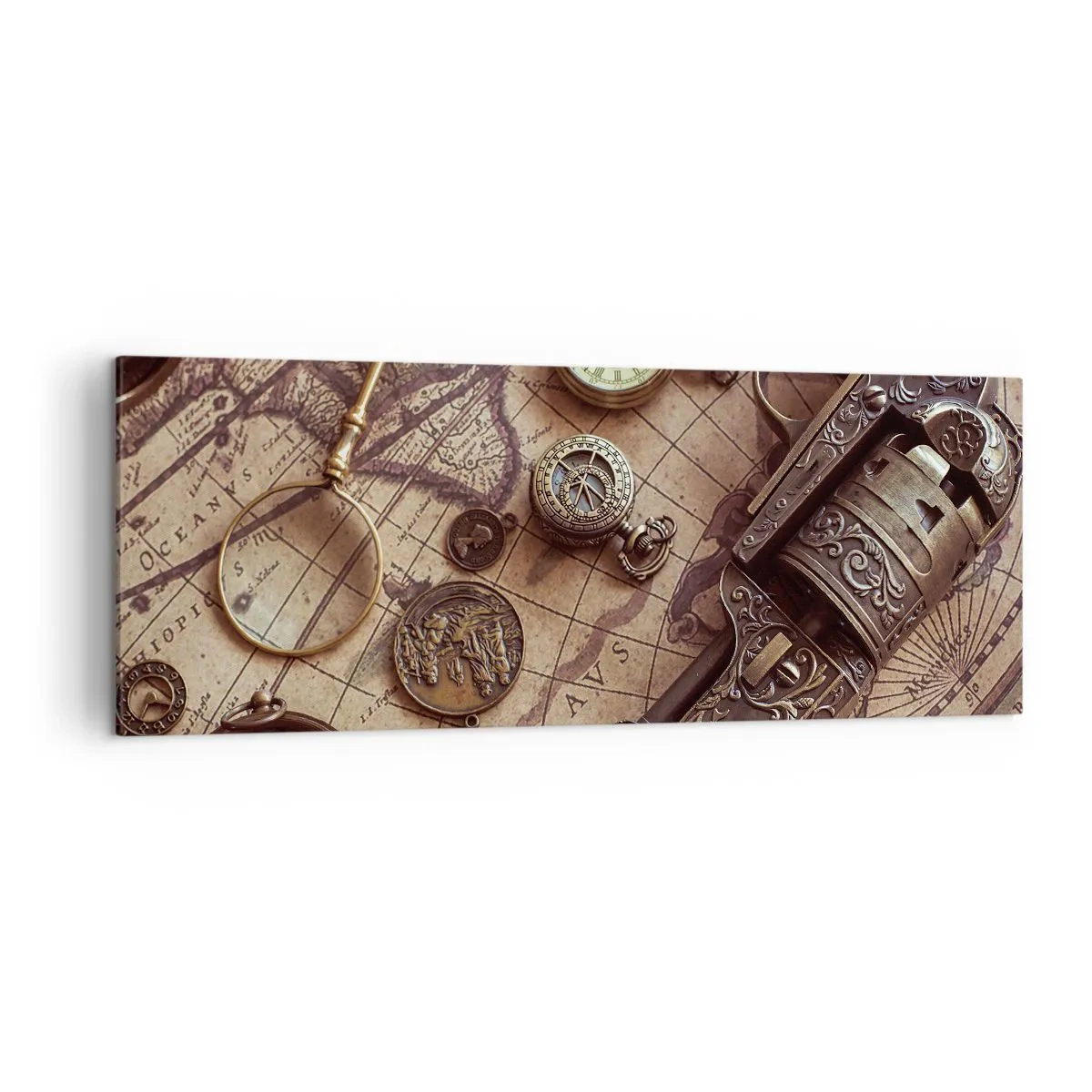 Quadro su tela - Stampe su Tela - Oggetti antichi su una vecchia mappa in stile retrò - 140x50cm - La natura chiama - Decorazione murale moderna per soggiorno e camera da letto ARTTOR