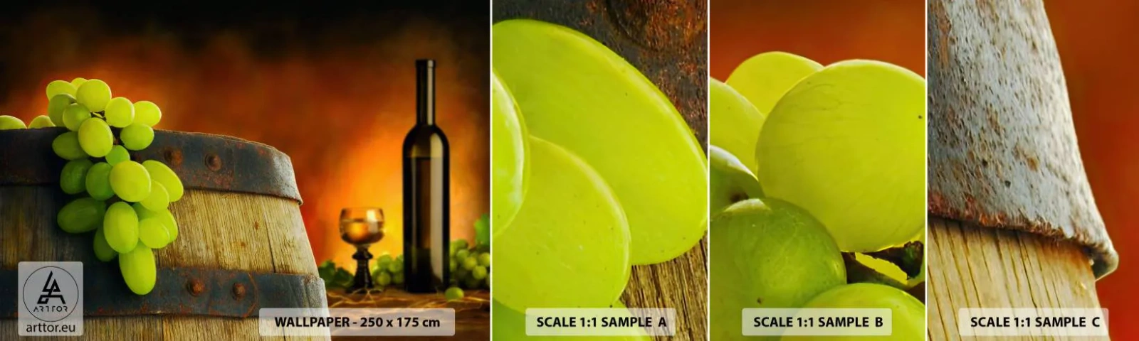 Campione Di Fotomurale Standard Eco - Natura morta con bottiglia di vino e acini d'uva - Uva, Vino, Botte di vino - 100x30 cm