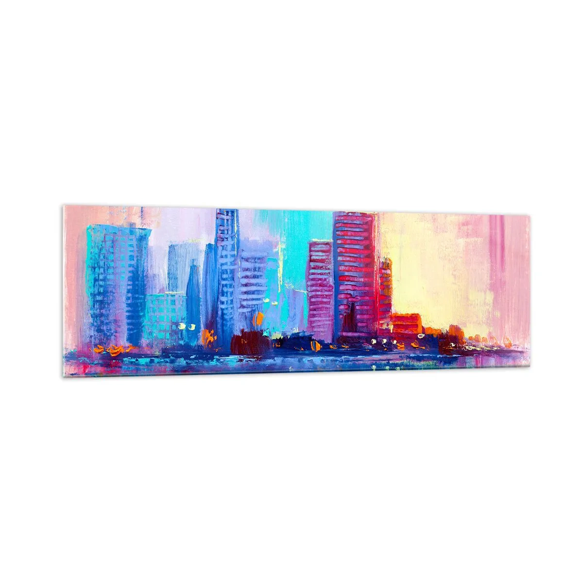 Quadro su vetro - Un panorama colorato della città in stile acquerello - 160x50cm - Immerse nei colori - Decorazione murale moderna per soggiorno e camera da letto ARTTOR
