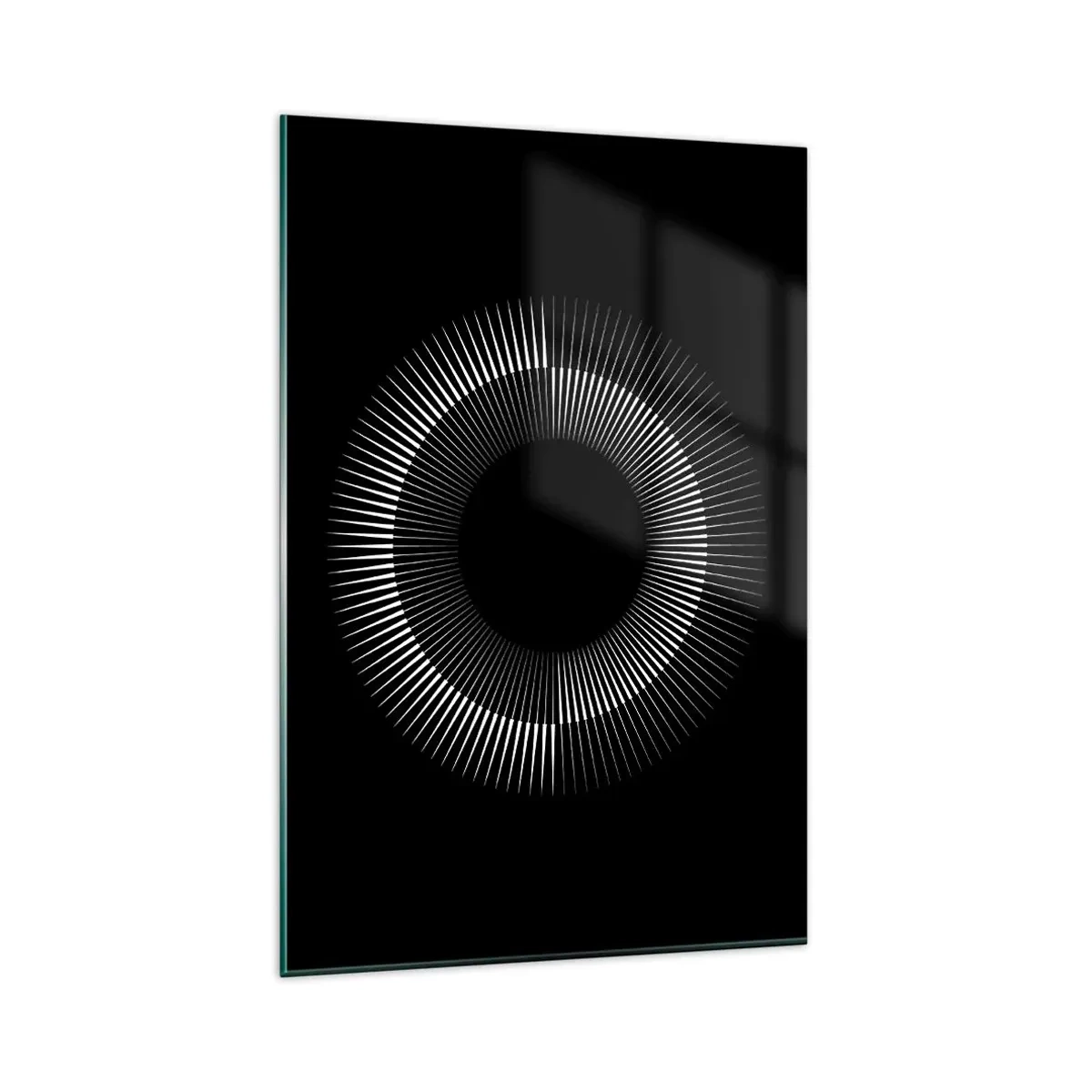 Quadro su vetro - Cerchio grafico con raggi in bianco e nero - 80x120cm - Sole nero - Decorazione murale moderna per soggiorno e camera da letto ARTTOR