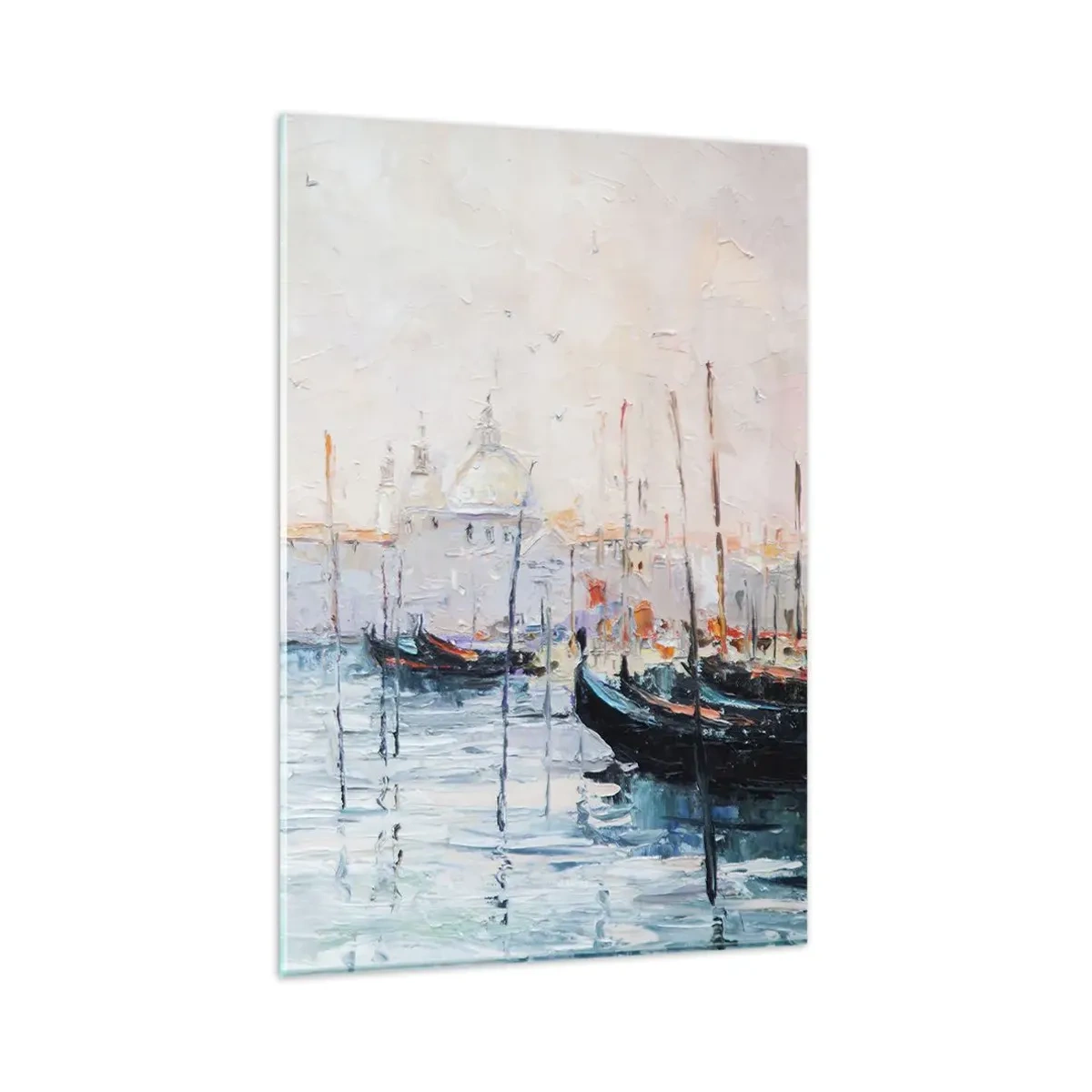 Quadro su vetro - Vista pittoresca dei canali con barche color pastello - 80x120cm - Dopo l'acqua, dopo la nebbia - Decorazione murale moderna per soggiorno e camera da letto ARTTOR
