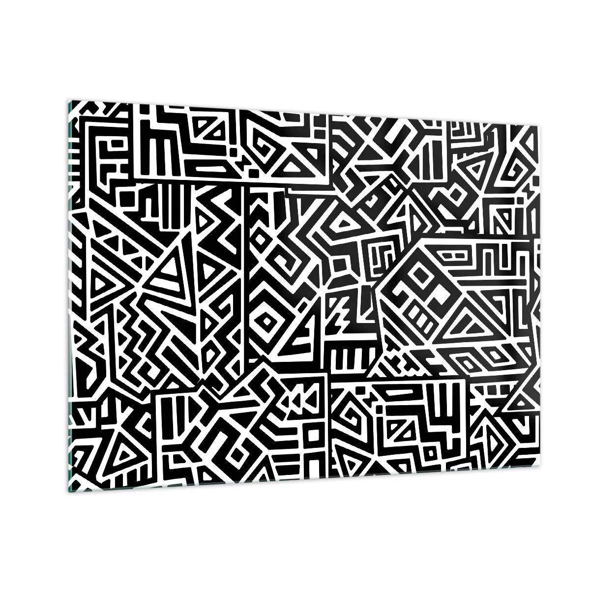 Quadro su vetro - Motivo in bianco e nero ispirato all'arte tribale - 100x70cm - Composizione precolombiana - Decorazione murale moderna per soggiorno e camera da letto ARTTOR