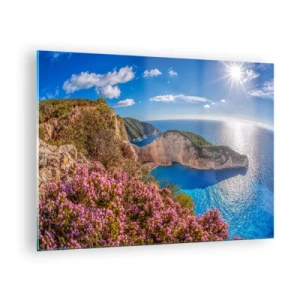 Quadro su vetro - Paesaggio greco con scogliere, mare e arbusti fioriti - 70x50cm - Le mie grosse vacanze greche - Decorazione murale moderna per soggiorno e camera da letto ARTTOR