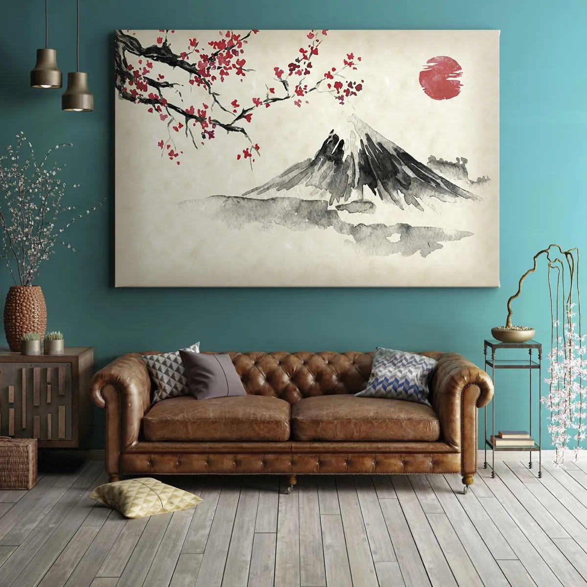Quadro su tela - Stampe su Tela - Un paesaggio pittoresco con una montagna, fiori di ciliegio e sole - 120x80cm - Amore per il Giappone - Decorazione murale moderna per soggiorno e camera da letto ARTTOR