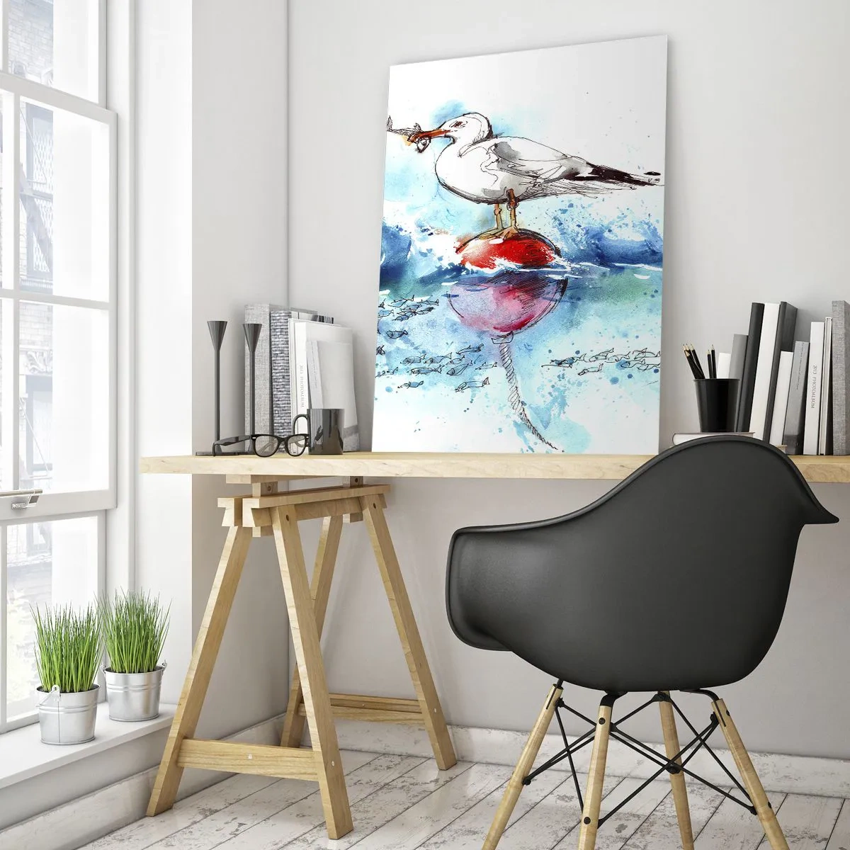 Quadro su vetro - Gabbiano su una boa con pesci sullo sfondo in stile acquerello - 80x120cm - Buona pesca - Decorazione murale moderna per soggiorno e camera da letto ARTTOR