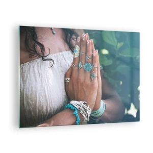 Quadro su vetro - Mani di donna che indossano gioielli boho - 70x50cm - Benvenuto al centro dell'essere - Decorazione murale moderna per soggiorno e camera da letto ARTTOR