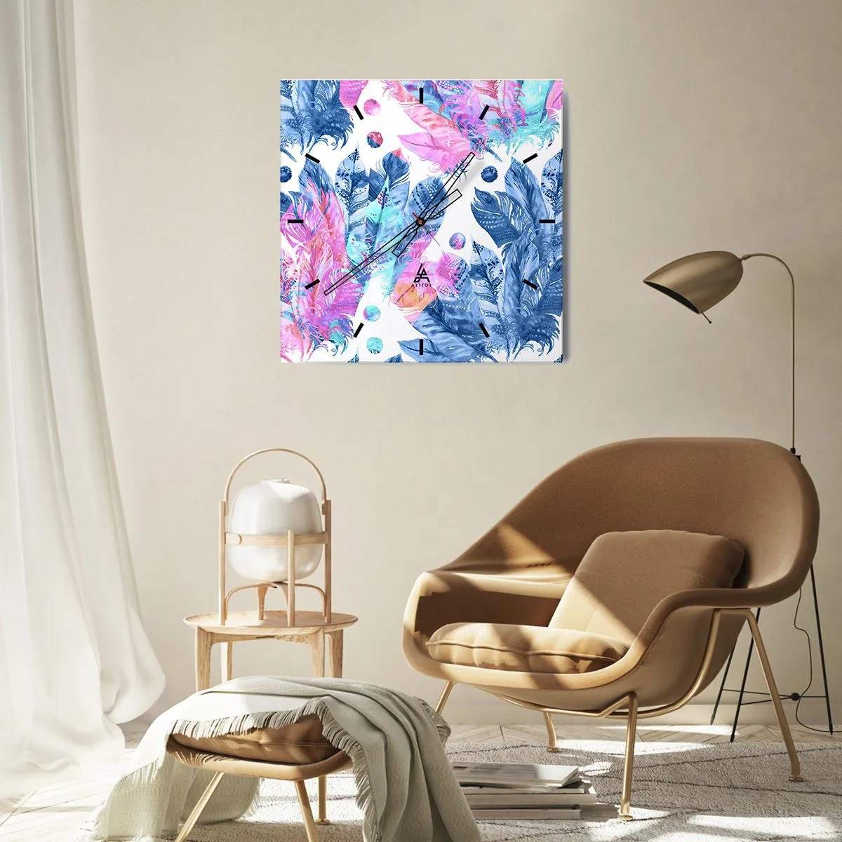 Orologio da parete - Orologio in Vetro - Pennacchi in rosa e blu - 40x40 cm