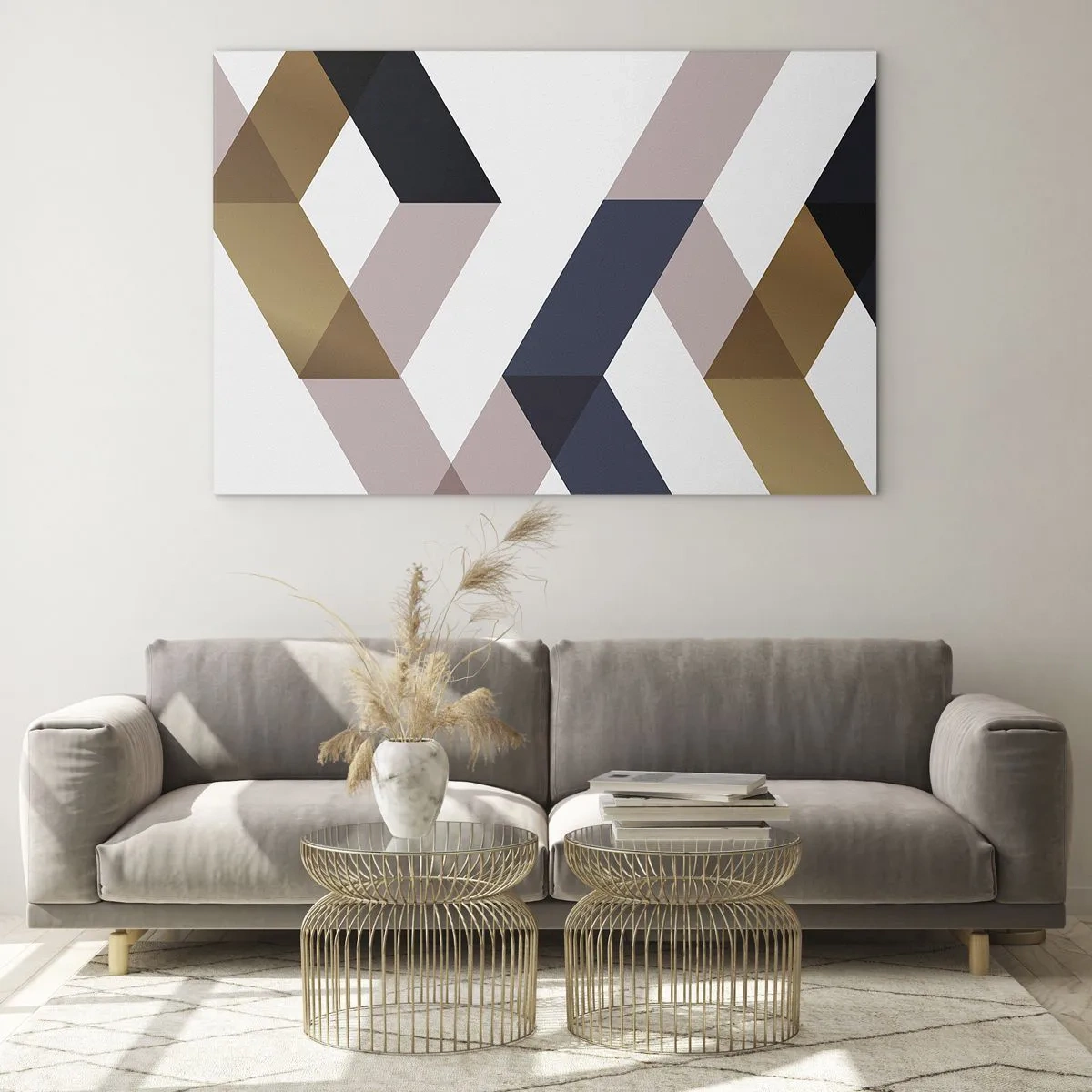 Quadro su vetro - Motivo geometrico nelle tonalità oro e beige - 70x50cm - Piani e angoli - Decorazione murale moderna per soggiorno e camera da letto ARTTOR
