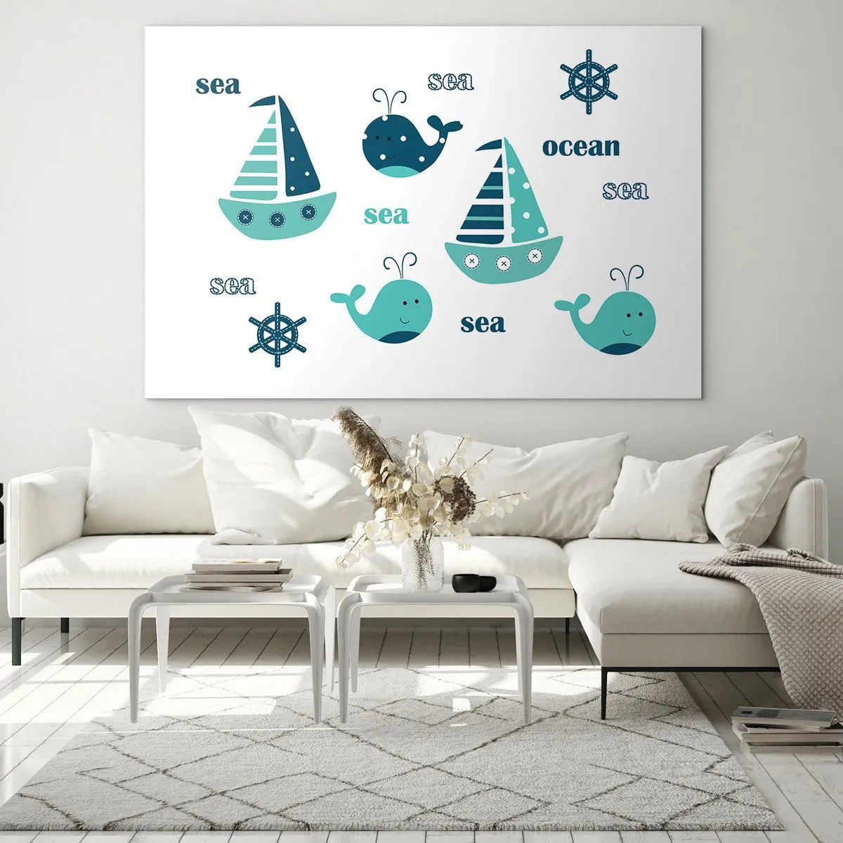 Quadro su vetro - Tema nautico con barche a vela e balene - 120x80cm - Attraverso i mari e gli oceani - Decorazione murale moderna per soggiorno e camera da letto ARTTOR