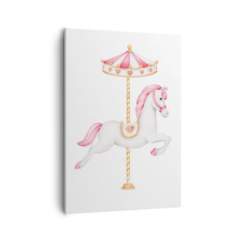 Quadro su tela - Stampe su Tela - Un cavallo da giostra nei toni pastello del rosa - 50x70cm - Partito al galoppo. - Decorazione murale moderna per soggiorno e camera da letto ARTTOR
