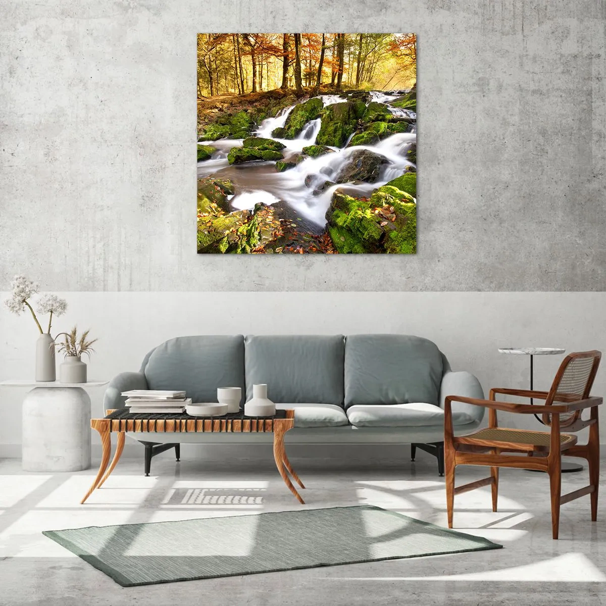 Quadro su vetro - Rapido nel bosco autunnale - 60x60 cm
