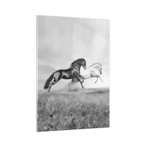 Quadro su vetro - Cavalli bianchi e neri in un ambiente dinamico - 50x70cm - Angeli e demoni - Decorazione murale moderna per soggiorno e camera da letto ARTTOR