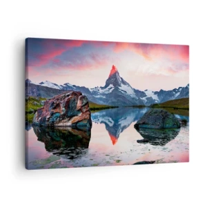 Quadro su tela - Stampe su Tela - Una cima di montagna riflessa in un lago al tramonto - 70x50cm - Il cuore dei monti è rovente - Decorazione murale moderna per soggiorno e camera da letto ARTTOR