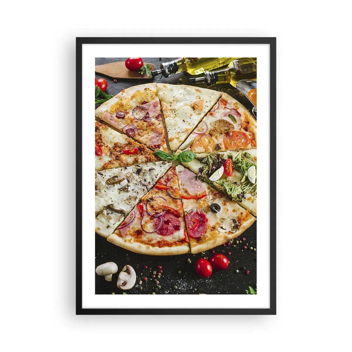 Poster in cornice nera - Pizza colorata divisa in vari pezzi - 50x70cm - Ventaglio di gusti - Decorazione murale moderna per soggiorno e camera da letto ARTTOR
