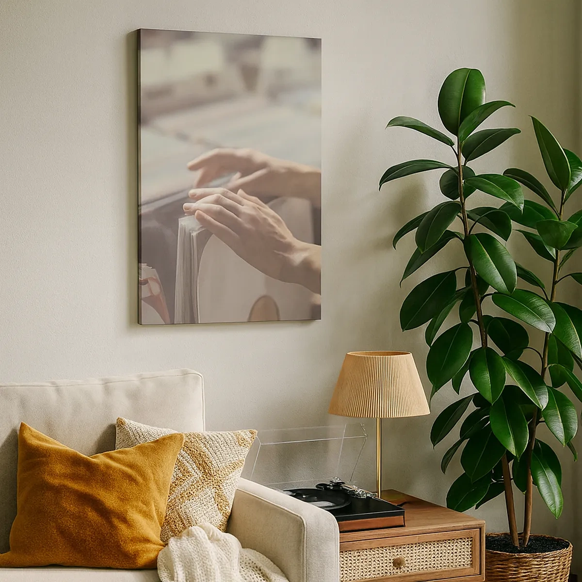 Quadro su tela - Stampe su Tela - Mani che guardano attraverso una collezione di vinili - 50x70cm - Alla ricerca di emozioni - Decorazione murale moderna per soggiorno e camera da letto ARTTOR