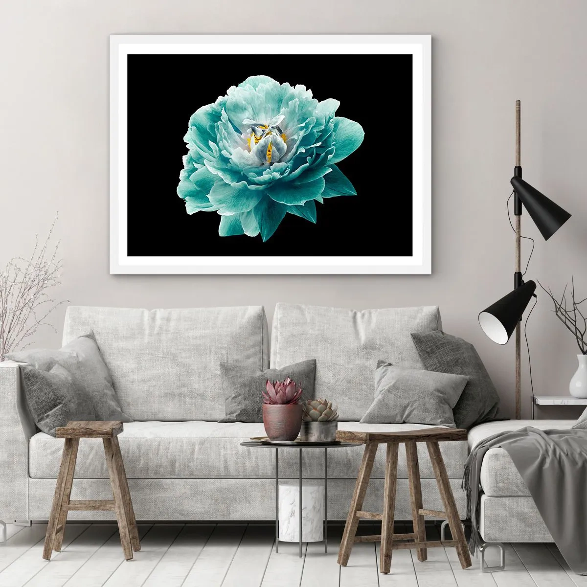 Poster in cornice bianca - Petali blu e oro - 100x70 cm