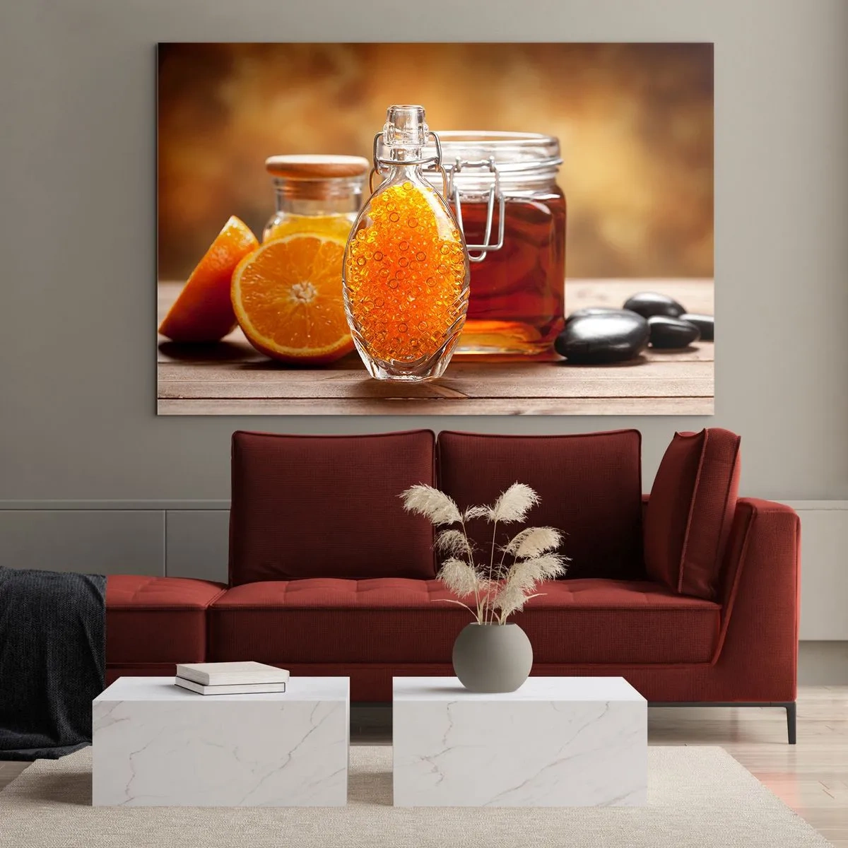 Quadro su vetro - Una bottiglia di olio e un'arancia su un tavolo di legno - 70x50cm - Il gusto e l'aroma del sole - Decorazione murale moderna per soggiorno e camera da letto ARTTOR