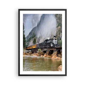 Poster in cornice nera - Una locomotiva a vapore su un ponte circondato da montagne e un fiume in un paesaggio pittoresco. - 50x70cm - Dove andiamo? - Decorazione murale moderna per soggiorno e camera da letto ARTTOR