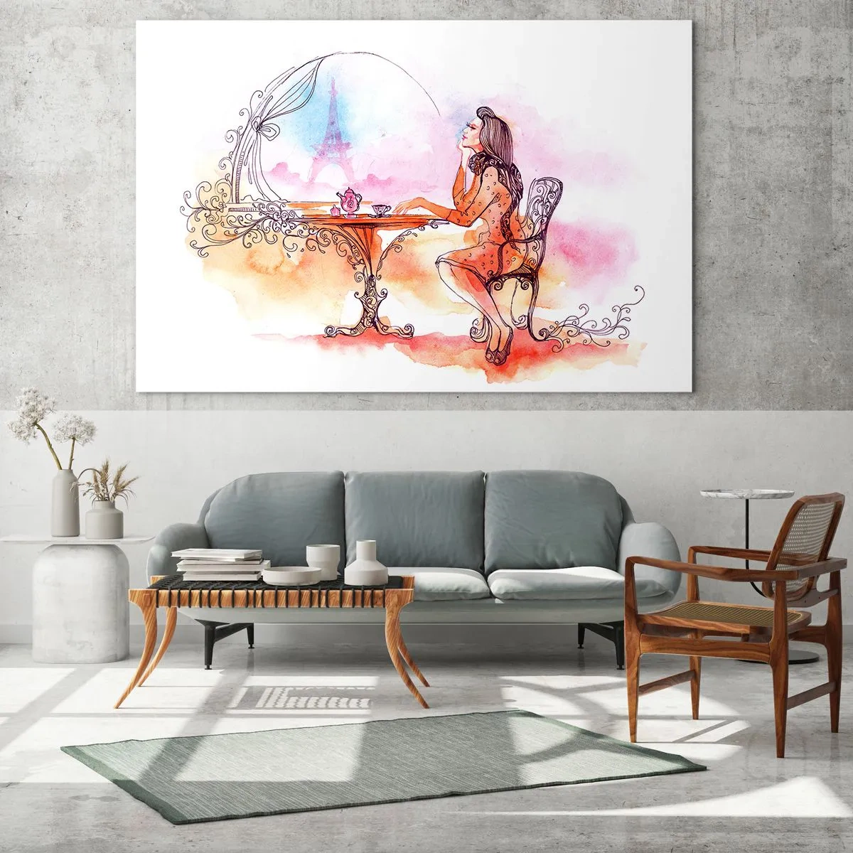 Quadro su vetro - Una donna seduta a un tavolo con vista sulla Torre Eiffel in toni pastello - 120x80cm - Chic parigino - Decorazione murale moderna per soggiorno e camera da letto ARTTOR