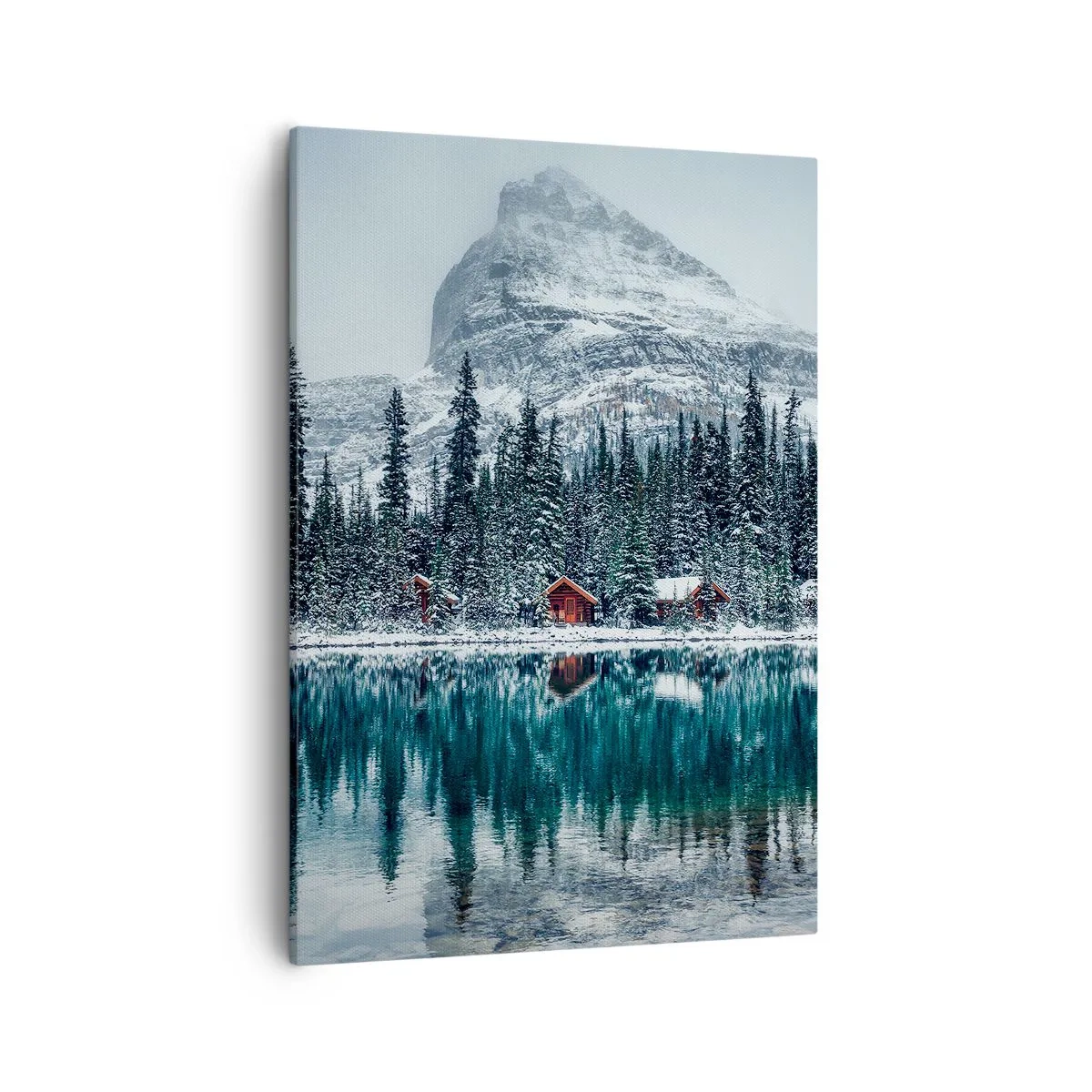 Quadro su tela - Stampe su Tela - Paesaggio invernale con cottage nella foresta vicino a un lago ghiacciato - 50x70cm - Rifugio canadese - Decorazione murale moderna per soggiorno e camera da letto ARTTOR