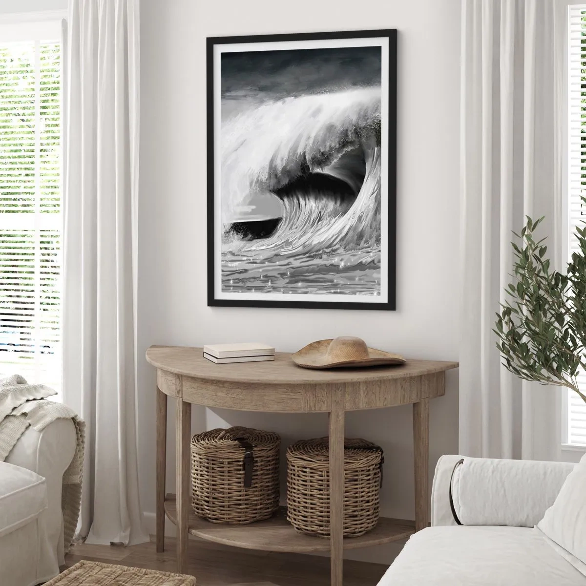 Poster in cornice nera - Un'onda potente nei toni del grigio - 50x70cm - La furia dell'oceano - Decorazione murale moderna per soggiorno e camera da letto ARTTOR