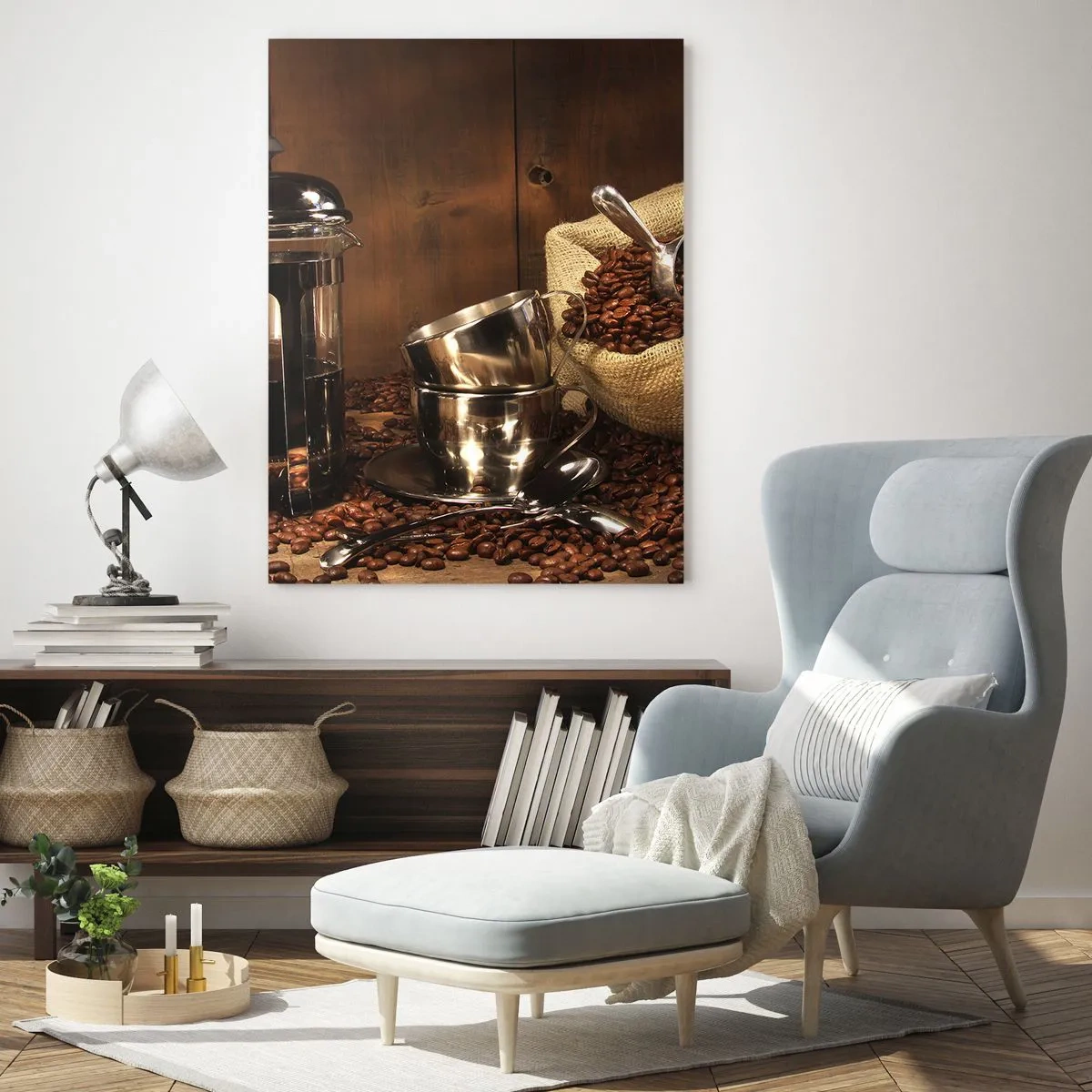 Quadro su vetro - Macchina per il caffè, tazze e un sacchetto di chicchi di caffè - 50x70cm - Magia del caffè: aroma e sapore - Decorazione murale moderna per soggiorno e camera da letto ARTTOR