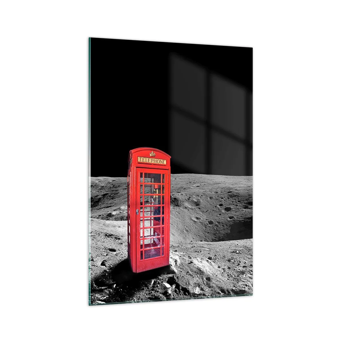 Quadro su vetro - Cabina telefonica rossa sulla luna - 70x100cm - Scherzo cosmico - Decorazione murale moderna per soggiorno e camera da letto ARTTOR
