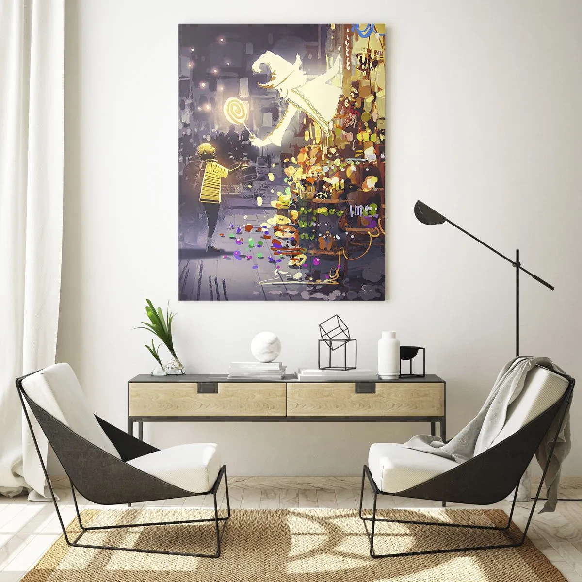 Quadro su vetro - Un personaggio delle fiabe e un bambino in una strada piena di luci e magia - 70x100cm - La magia esiste - Decorazione murale moderna per soggiorno e camera da letto ARTTOR