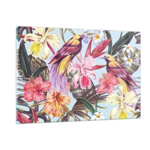 Quadro su vetro - Uccelli e fiori esotici su uno sfondo chiaro - 120x80cm - Petali e piume - Decorazione murale moderna per soggiorno e camera da letto ARTTOR