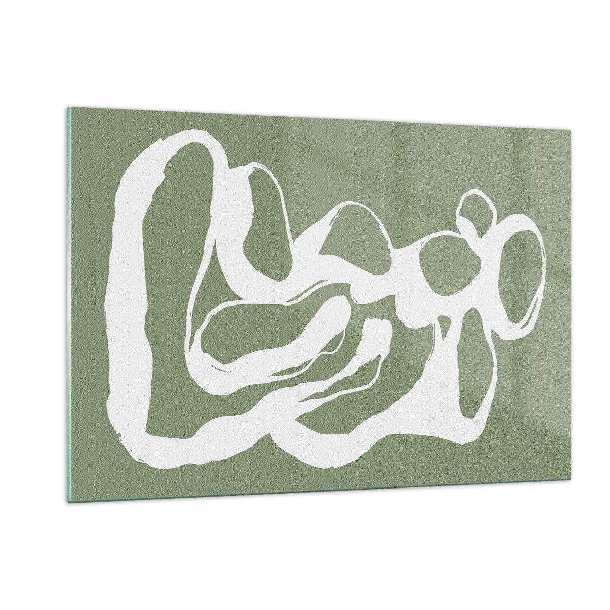 Quadro su vetro - Forma organica bianca astratta su sfondo oliva - 120x80cm - Il richiamo dello spazio - Decorazione murale moderna per soggiorno e camera da letto ARTTOR