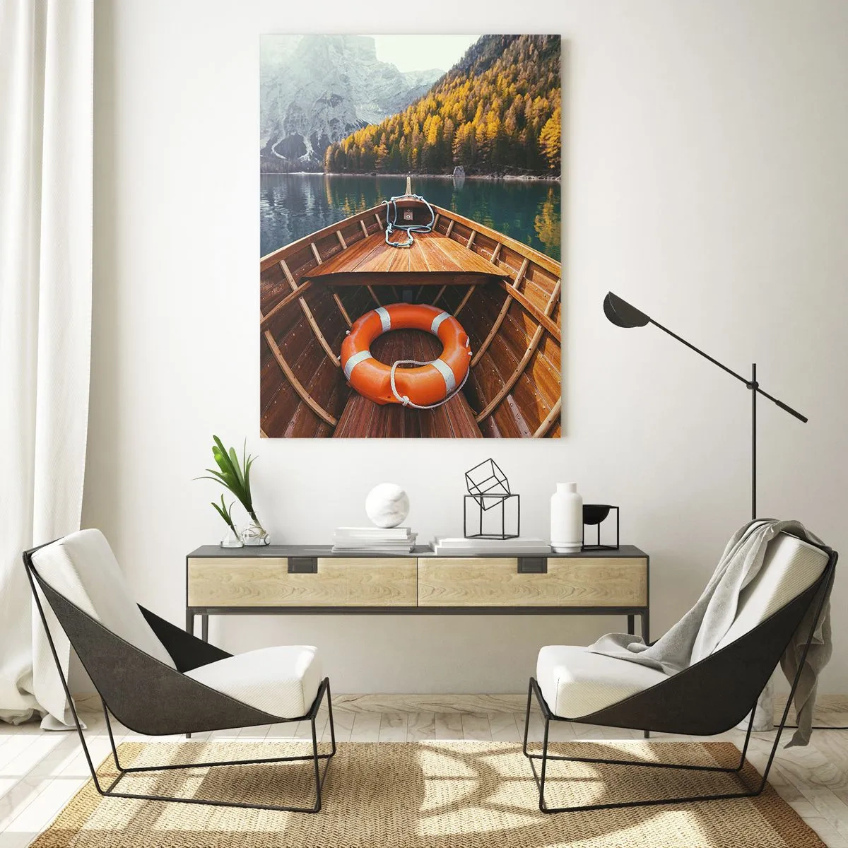 Quadro su vetro - Una barca di legno su un lago di montagna circondato dalla foresta - 80x120cm - Gita sui monti - Decorazione murale moderna per soggiorno e camera da letto ARTTOR