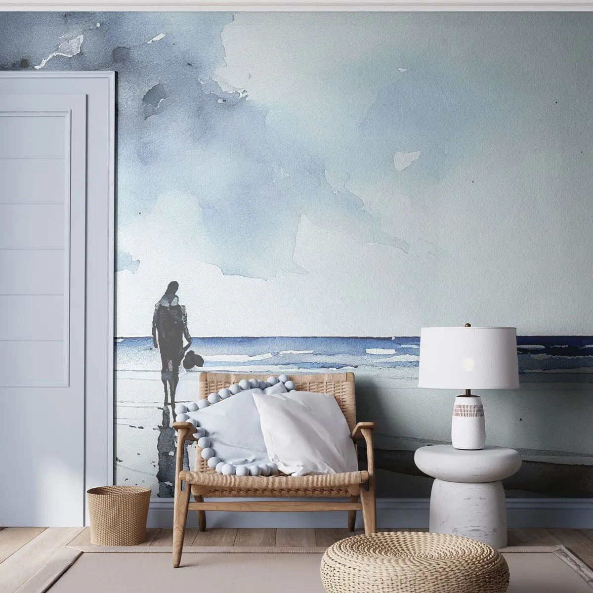 Fotomurali Premium Sand - Una figura solitaria sullo sfondo di un mare calmo e di un cielo - 100x70cm - Dialogo con il mare - Decorazione murale moderna per soggiorno e camera da letto ARTTOR