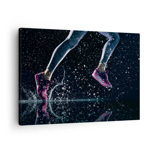 Quadro su tela - Stampe su Tela - Uno scatto dinamico di una corsa sotto la pioggia su uno sfondo nero - 70x50cm - Quanta forza nelle gambe - Decorazione murale moderna per soggiorno e camera da letto ARTTOR