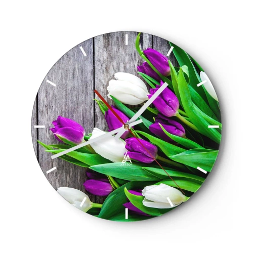 Orologio da parete - Orologio in Vetro - Un bouquet di tulipani viola e bianchi su uno sfondo di legno - 30x30cm - Nella festa della primavera - Decorazione murale moderna per soggiorno, cucina e camera da letto ARTTOR