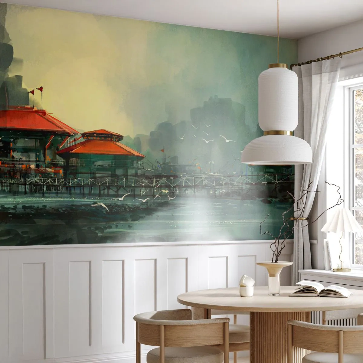 Fotomurali Premium Sand - Giornata di pioggia al porto - Città portuale, Architettura, Mare - 300x210 cm