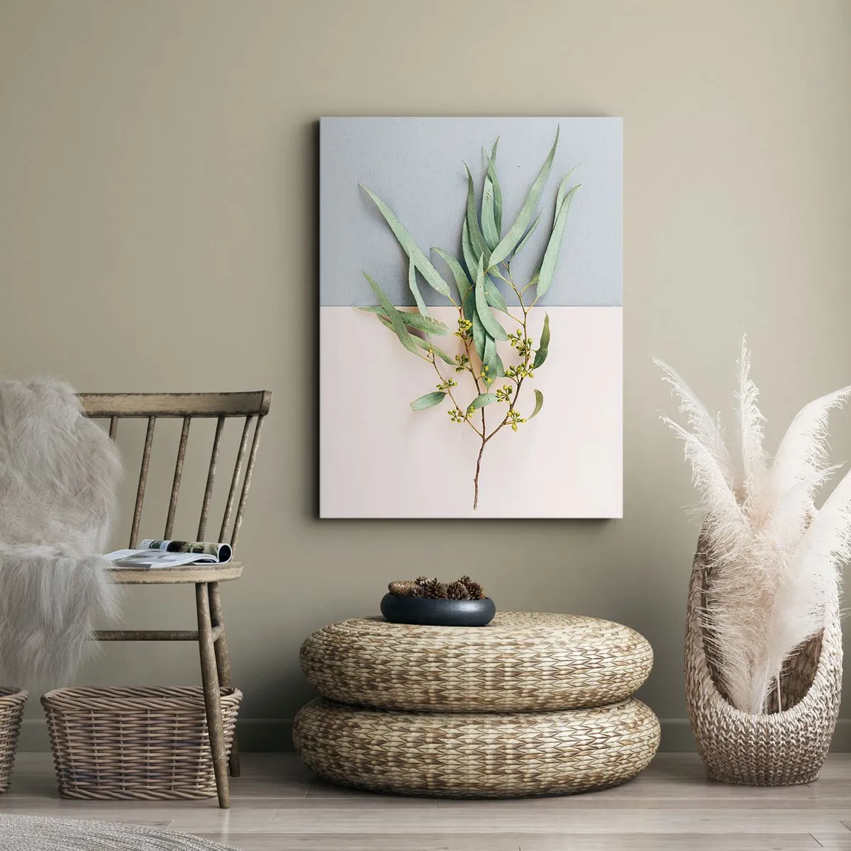 Quadro su tela - Stampe su Tela - Un ramo con foglie su uno sfondo di tonalità pastello - 80x120cm - Delicatezza pastello - Decorazione murale moderna per soggiorno e camera da letto ARTTOR