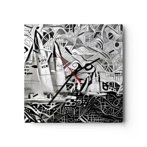 Orologio da parete - Orologio in Vetro - Barche a vela astratte in una composizione monocromatica - 30x30cm - Tra le onde - Decorazione murale moderna per soggiorno e camera da letto ARTTOR