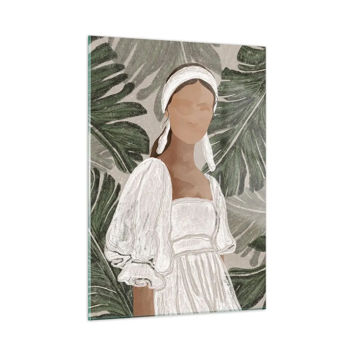 Quadro su vetro - Una donna con un abito bianco su uno sfondo di foglie tropicali verdi. - 50x70cm - Ritratto esotico - Decorazione murale moderna per soggiorno e camera da letto ARTTOR