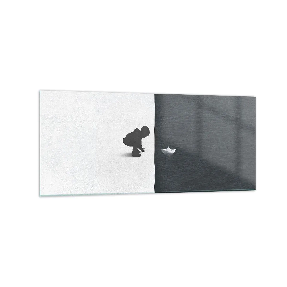 Quadro su vetro - La figura di un bambino con una barchetta di carta su uno sfondo di metà contrastanti - 120x50cm - La grande spedizione - Decorazione murale moderna per soggiorno e camera da letto ARTTOR