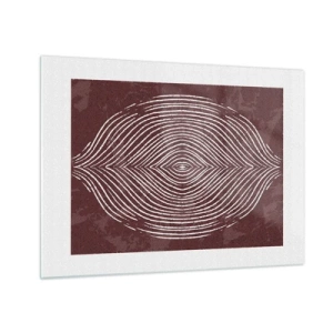 Quadro su vetro - Linee simmetriche a forma di occhio su sfondo bordeaux - 70x50cm - Lo spazio parlante - Decorazione murale moderna per soggiorno e camera da letto ARTTOR