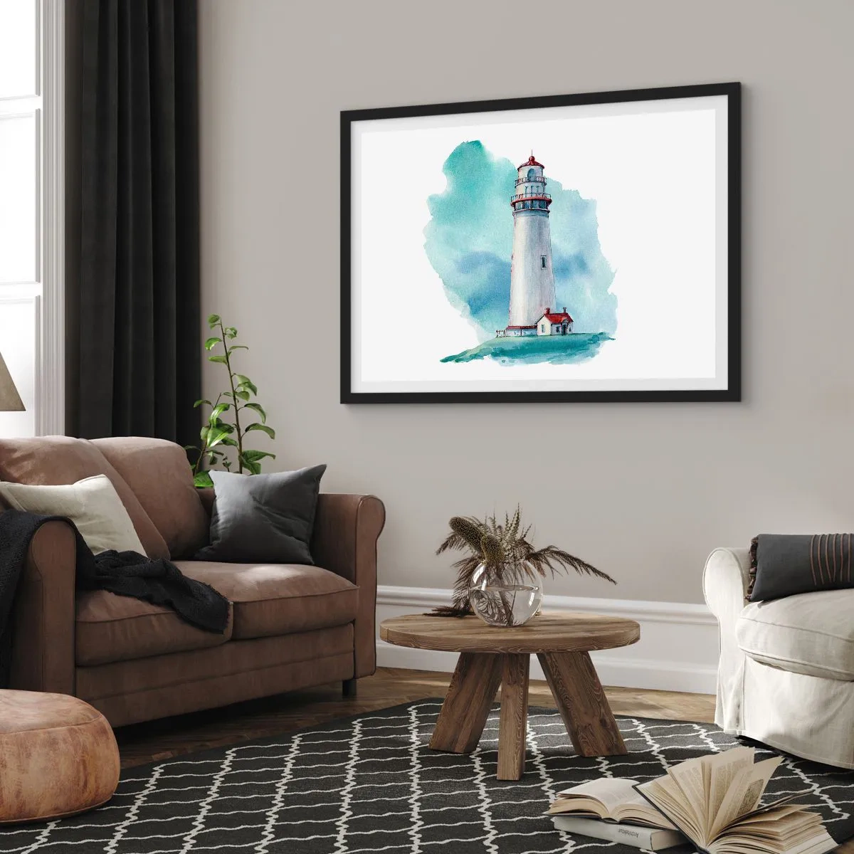 Poster in cornice nera - Un faro su uno sfondo blu acquerello - 100x70cm - Il mite amico del blu - Decorazione murale moderna per soggiorno e camera da letto ARTTOR