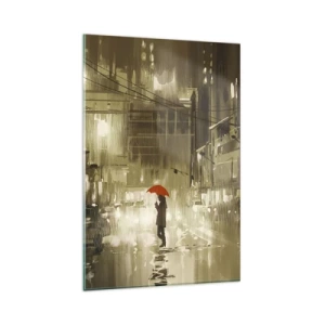 Quadro su vetro - Una figura con un ombrello rosso in una città piovosa - 80x120cm - Sola ma non solitaria - Decorazione murale moderna per soggiorno e camera da letto ARTTOR