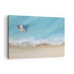 Quadro su tela - Stampe su Tela - Una vista a volo d'uccello di una barca sulla spiaggia - 100x70cm - Al confine del blu e dell'oro - Decorazione murale moderna per soggiorno e camera da letto ARTTOR