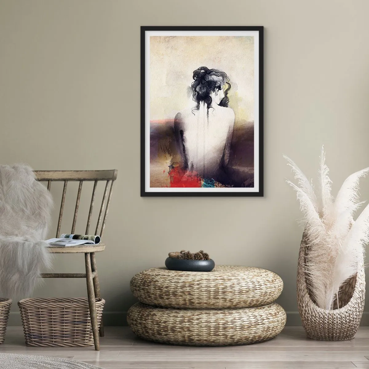 Poster in cornice nera - Un ritratto artistico di una donna di spalle, con colori tenui. - 50x70cm - Linee miti, forme ovali - Decorazione murale moderna per soggiorno e camera da letto ARTTOR
