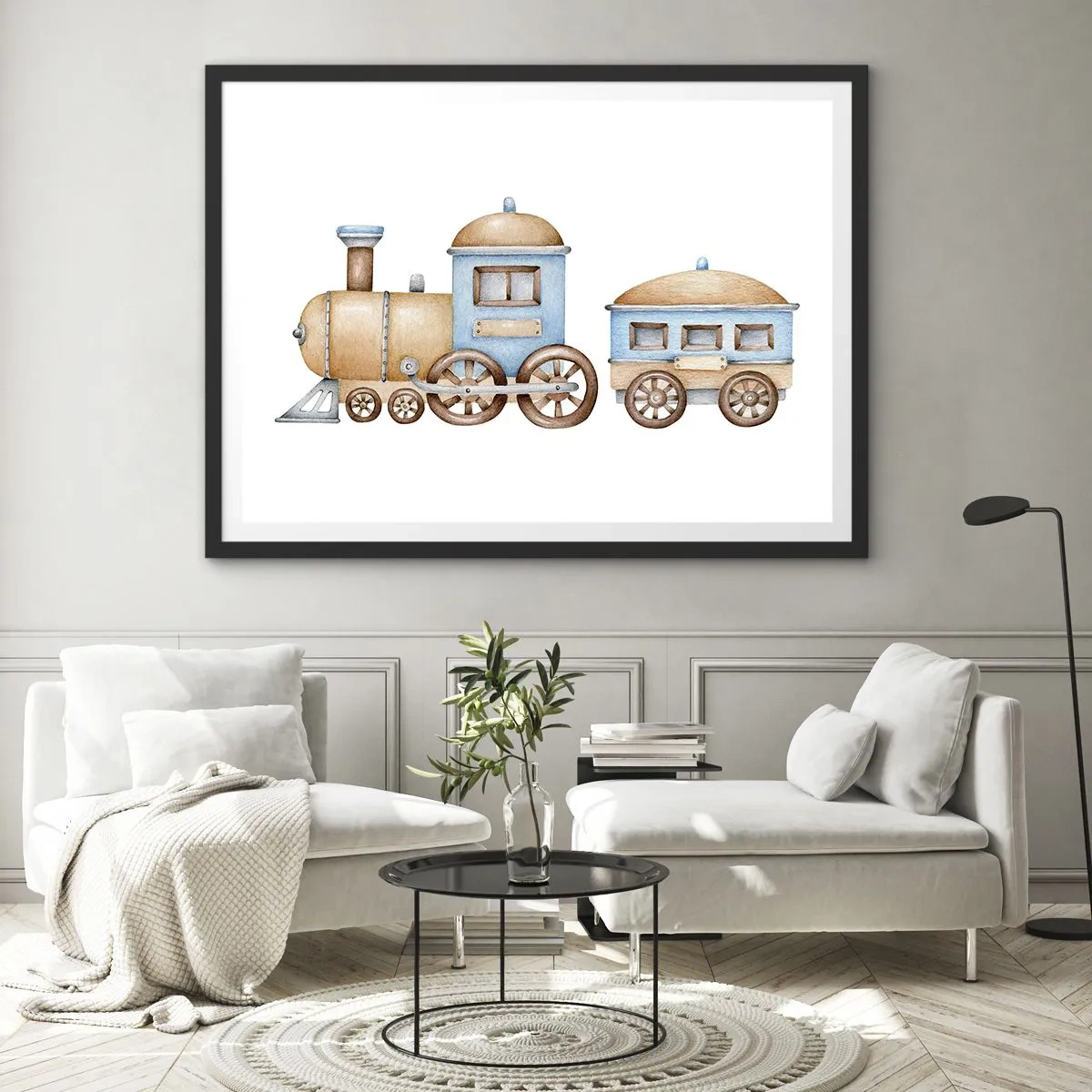Poster in cornice nera - Disegno di un treno in tonalità pastello su sfondo bianco - 70x50cm - Fermo alla stazione... - Decorazione murale moderna per soggiorno e camera da letto ARTTOR