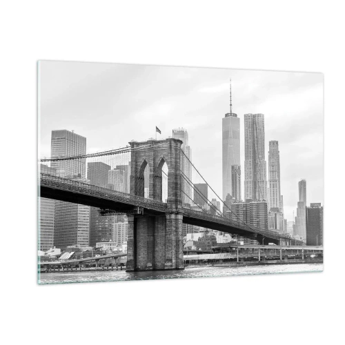 Quadro su vetro - Foto in bianco e nero di un ponte e di un paesaggio urbano - 120x80cm - Atmosfera di New York - Decorazione murale moderna per soggiorno e camera da letto ARTTOR